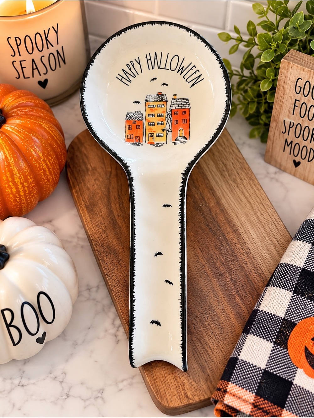 NEW Rae Dunn Happy Halloween Ceramic Spoon Rest – Spooky Houses & Bats